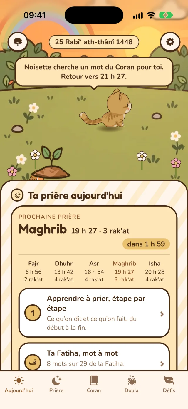 Le bas de l’accueil de Namilo : la prochaine prière et les cinq horaires du jour.