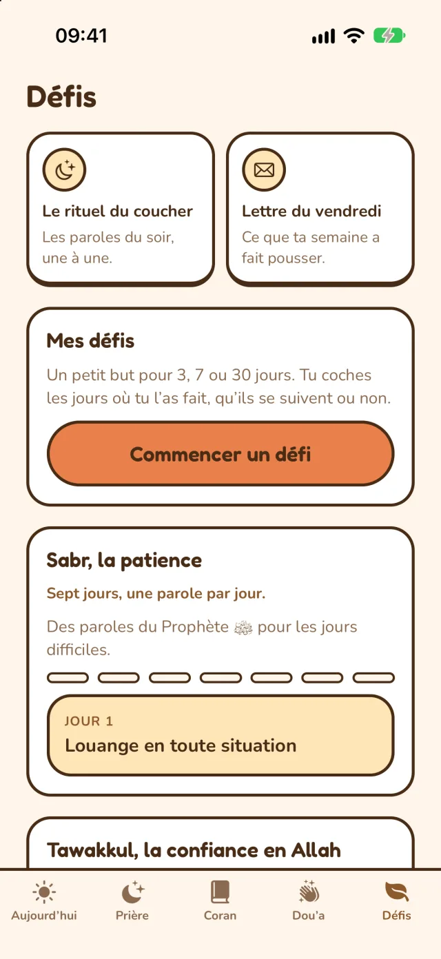 L’onglet Défis : le rituel du coucher, la lettre du vendredi et les défis.