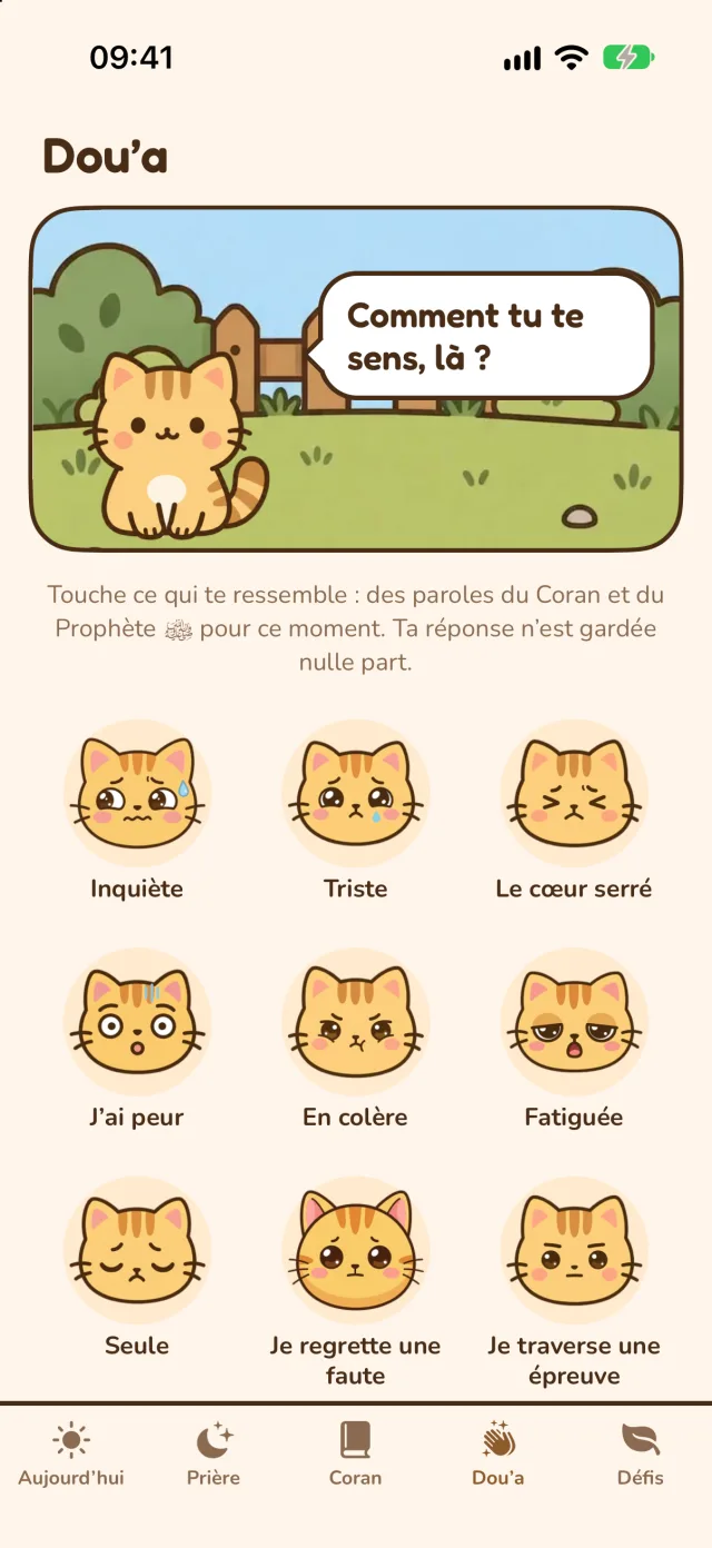 L’onglet Dou‘a : « Comment tu te sens, là ? » et les visages du chat.
