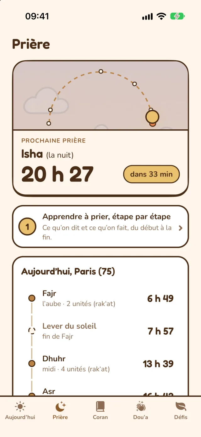 L’onglet Prière : la prochaine prière et les horaires de la journée.